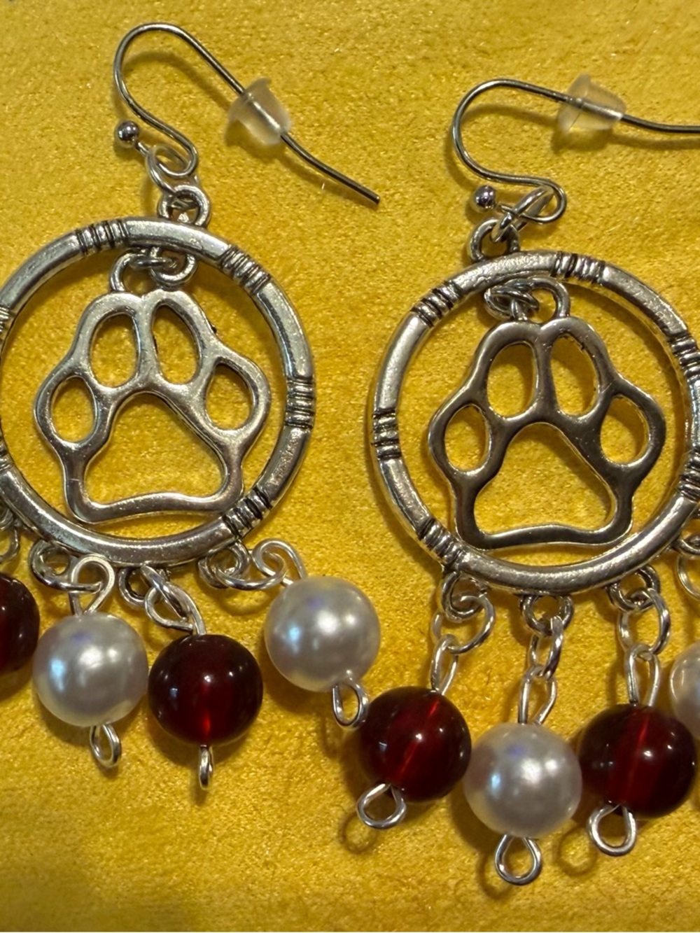 MSU Paw Print Dangle Earrings with Maroon and White Pearl Beads